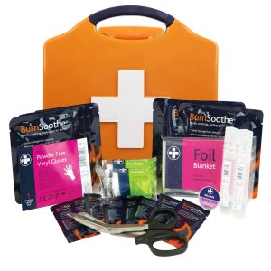 burns first aid kit in wall mountable orange box