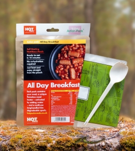 Ready to eat camping food supplied with heater and spoon