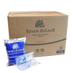 box of 30 Seven Oceans emergency drinking water pouches 500ml each