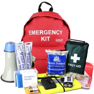 emergency grab bag for business in red backpack marked emergency kit