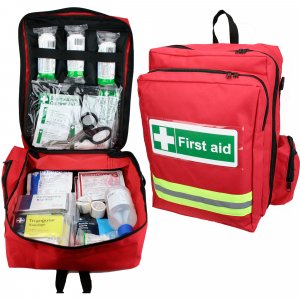 first response first aid kit in red rucksack