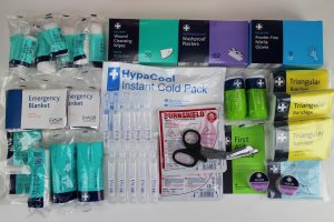 contents of EVAQ8 first response first aid kit in rucksack