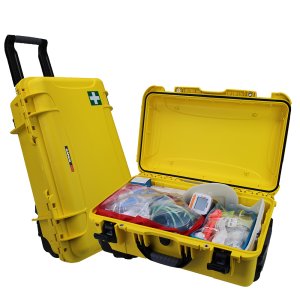 yellow medical kit with extendable handle and wheels
