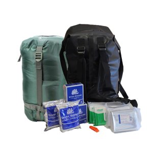 survival kit with green sleeping bag
