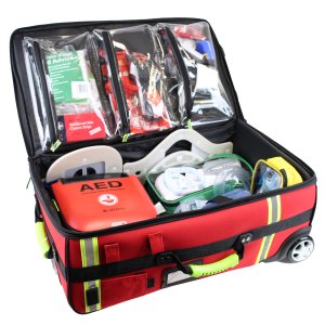 EVAQ8 medical grab bag on wheels including defibrillator