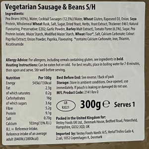 Ready to Eat Wet Meal Vegetarian Sausage & Beans VEGAN ingredient label