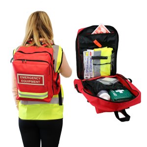 emergency equipment rucksack worn by emergency controller exiting building