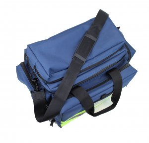 blue first aid bag showing shoulder strap
