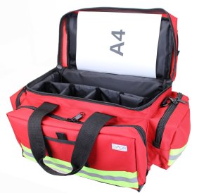 red medical bag shown open with A4 notebook