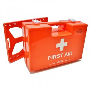 orange first aid box with wall mounting bracket