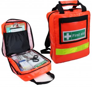 advanced first aid kit in orange backback