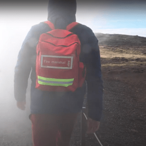 fire marshal rucksack worn during volcanic evacuation