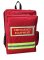Go Bag Emergency kit Red Rucksack with yellow reflective high visibility tape and emergecy equipment sign