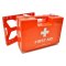 orange first aid box with wall bracket